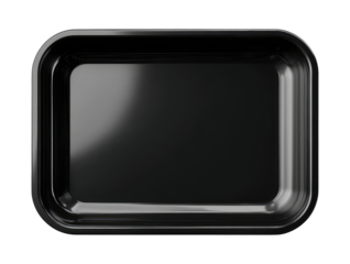 Overhead shot of a glossy black rectangular food tray against a dark background, showcasing its smooth, reflective surface