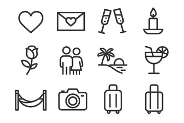 Romantic Getaway Icons. Romantic getaway. Line icon set of romantic getaway: heart, love letter, champagne, candle, rose, couple, beach, sunset, cocktail,