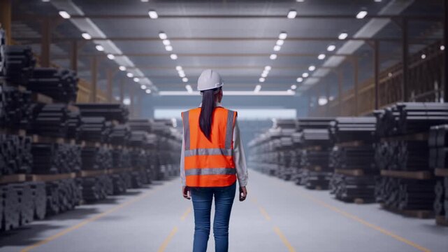 Back of Asian Female Engineer Walking in Warehouse Storage of Rolled Steel Metal Bars, Rods or Billets