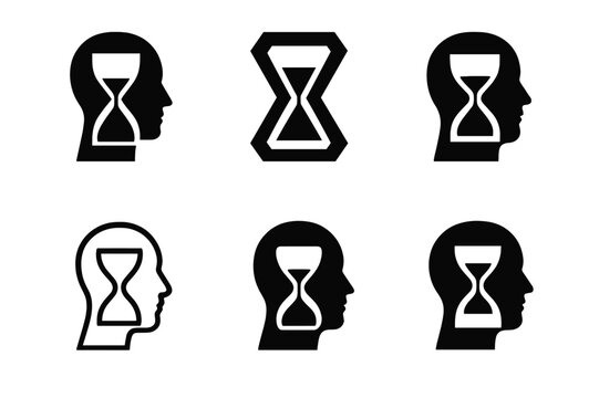 Time Perception Icons. Time dilation and human perception. Icon set. Set Logo of time dilation and human perception: Hourglass merging with human silhouette.