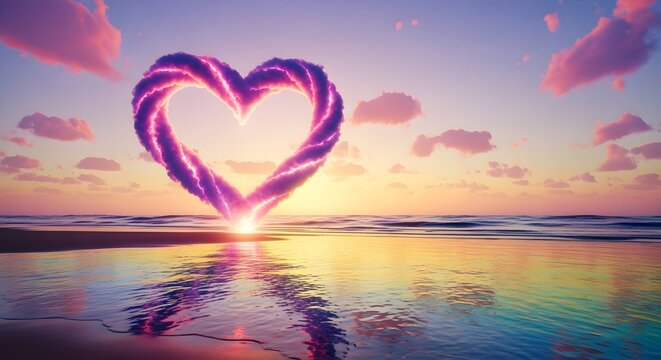 Glowing Pixel Heart on Digital Ocean at Sunset