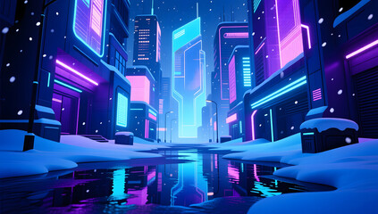 Cyberpunk city snowy night with neon lights illustration