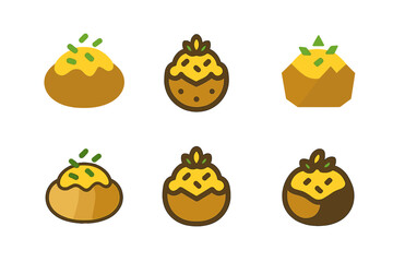 Obraz premium Stuffed Potato Logos. Stuffed potatoes. Icon set. Set Logo of stuffed potatoes: potato with cheese and herbs. harmonious logo variations of the same emblematic