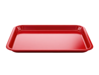 A red, rectangular serving tray is isolated against a black backdrop, showcasing a glossy surface and gently curved edges