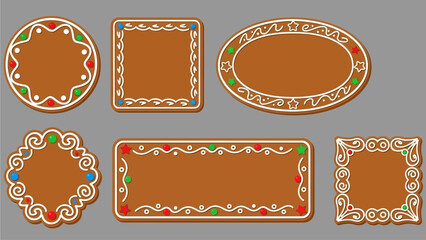 Collection of decorative gingerbread cookie frames with icing designs and colorful candies, perfect for holiday greetings and messages © Fendi