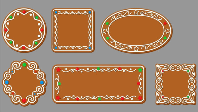 Collection of decorative gingerbread cookie frames with icing designs and colorful candies, perfect for holiday greetings and messages