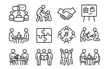 Community Engagement Icons. Community engagement. Line icon set of Community engagement: group discussion, volunteer helping, handshake, bulletin board, coffee