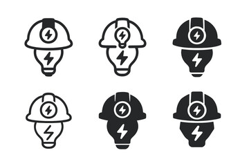 Efficient Energy Logos. Efficient energy use in mining industries. Icon set. Set Logo of efficient energy use in mining industries: helmet lamp glowing with