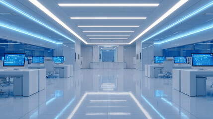 Modern office interior with high-tech workstations and bright lighting features in a clean, spacious environment