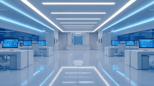 Modern office interior with high-tech workstations and bright lighting features in a clean, spacious environment