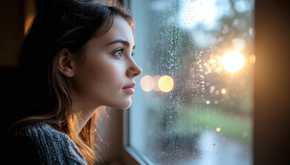 Pensive woman looking out a rainy window with blurred lights and droplets visible on the glass pane