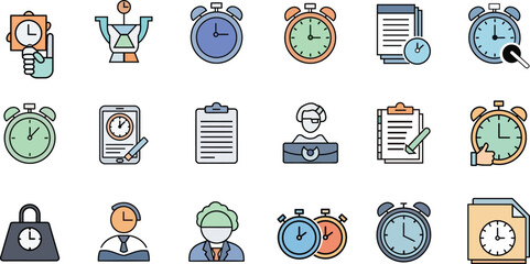 Colored Time Management Icons Set &mdash; Modern Flat Clock, Timer, Schedule & Productivity Symbols