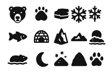 Naklejka premium Polar Bear Icon Set. Polar bear. Solid icon set of polar bear: polar bear face, bear paw, ice floe, snowflake, fish, igloo, iceberg, arctic landscape, swimming