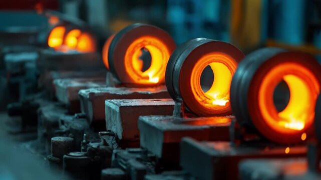 Closeup of industrial annealing process showing precise heating and controlled cooling of stamped metal parts to improve ductility and reduce internal stresses.