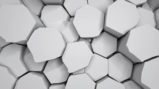 A layered, geometric artwork features a collection of interlocking white, six-sided shapes