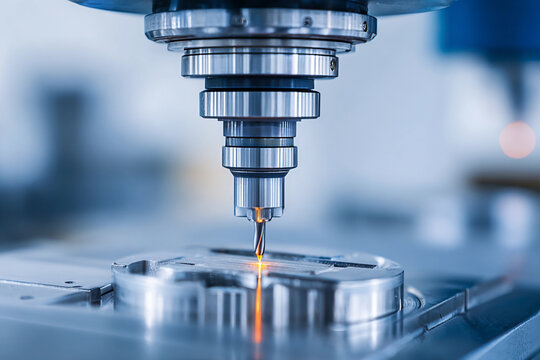 High precision CNC milling machine operates on metal part in factory workshop setting