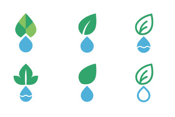 Sustainable Water Logos. Green innovation. Icon set. Set Logo of green innovation: Sustainable water system. harmonious logo variations of the same emblematic