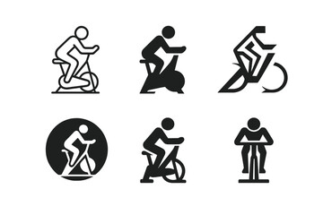 Indoor Cycling Icons. A person practicing indoor cycling, focused on endurance and intensity. Icon set. Set Logo of A person practicing indoor cycling, focused