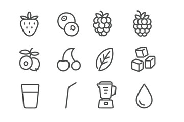 Berry Smoothie Icons. Berry smoothies. Line icon set of berry smoothies: strawberry, blueberry, raspberry, blackberry, cranberry, cherry, mint leaf, ice cubes,