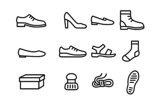 Office Footwear Icons. Office footwear. Line icon set of office footwear: dress shoes, heels, loafers, flats, boots, sneakers, sandals, socks, shoebox, polish