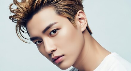 Closeup portrait of a young man with bleached blonde spiky hair looking intensely at the camera against a light background