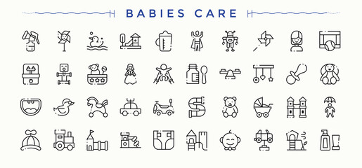 Babies Care line icon set. Baby icon set. Minimalist icons collection. It contains symbols to care, newborn, child care, baby, kid and more. Vector artwork and illustration.