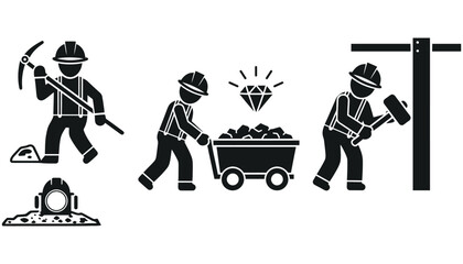 Illustration of miners working with tools and a diamond icon above ore
