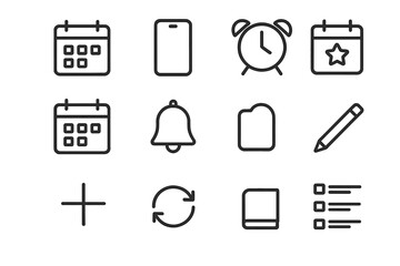 Digital Planner Icons. Digital Planner Icons. Line icon set of Digital Planner Icons: calendar app, smartphone, alarm clock, date selection, reminder bell,