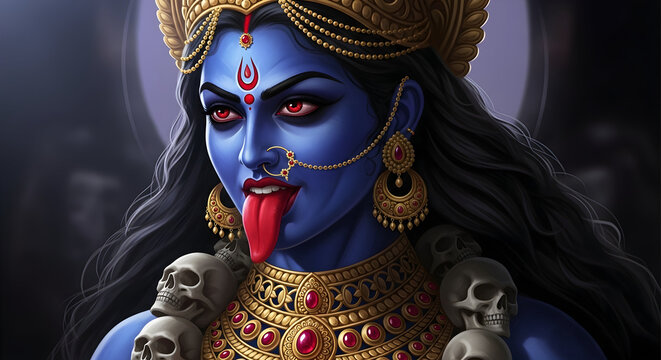Portrait of fierce Hindu Goddess Kali with blue skin wearing skull necklace and showing red tongue