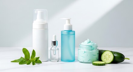 Assortment of natural skincare products featuring cucumber and mint ingredients on a light surface