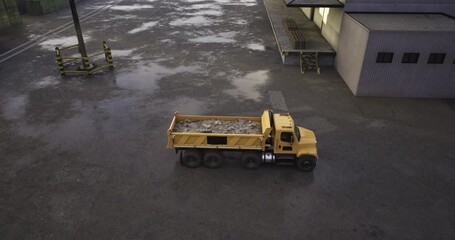 A yellow dump truck is positioned on a wet surface, emptying its load of debris near a large industrial building. The area shows signs of recent rain and minimal activity. - Powered by Adobe