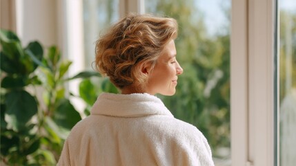 Woman standing by window in robe looking outside.