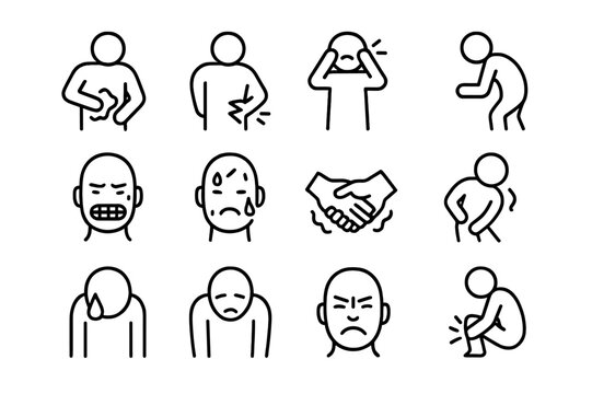 Physical Pain Icons. Physical pain. Line icon set of Physical pain: hand on stomach, back pain, head ache, bent-over posture, clenched teeth, sweating, shaking
