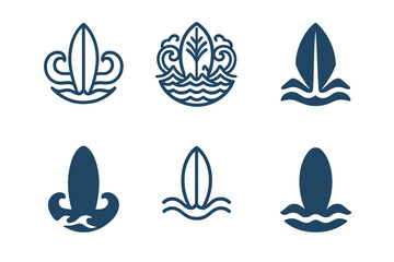 Naklejka premium Surfboard Logo Variations. Oceans. Icon set. Set Logo of Oceans: Surfboard. harmonious logo variations of the same emblematic concept, each with different