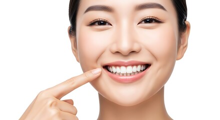 Closeup of a smiling asian woman pointing to her perfect, white, healthy teeth isolated on white background