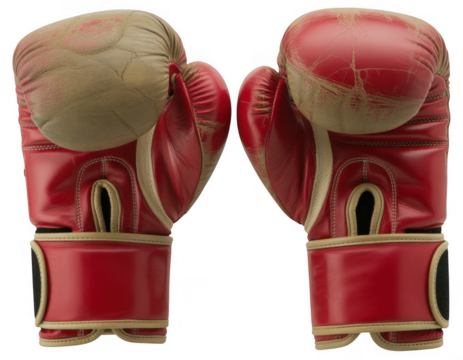 Pair of red leather boxing gloves with worn beige padding isolated on a transparent background