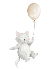 Watercolor illustration of a kitten with balloon in pastel colors. Drawing of cute cat for nursery posters. Delicate animal for baby slower greeting cards or childish Birthday invitations. Art for kid