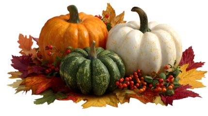 Festive autumn harvest scene with colorful pumpkins and vibrant fall leaves, a perfect Thanksgiving and seasonal celebration centerpiece arrangement