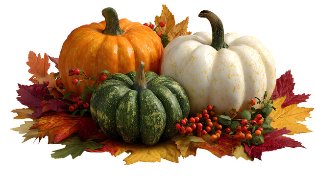Festive autumn harvest scene with colorful pumpkins and vibrant fall leaves, a perfect Thanksgiving and seasonal celebration centerpiece arrangement - Powered by Adobe