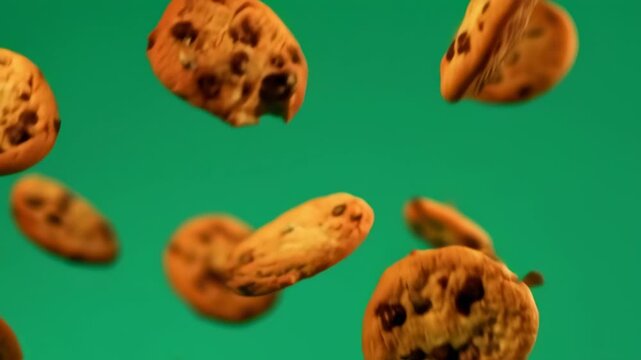 Chocolate chip cookies float against a vibrant green backdrop, in a dynamic, playful arrangement