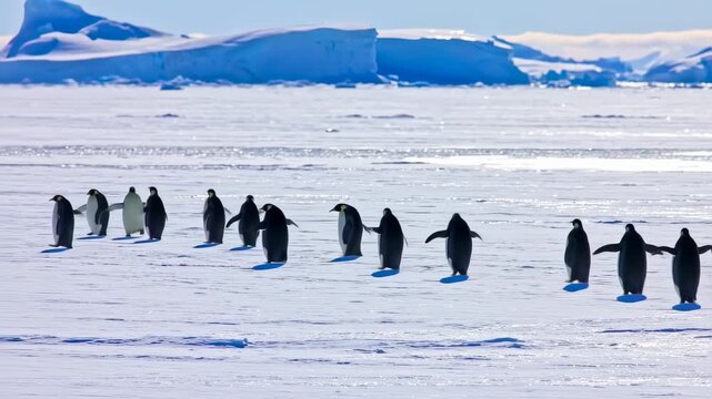A line of penguins waddle across a vast, icy expanse toward snow-covered mountains under a clear sky