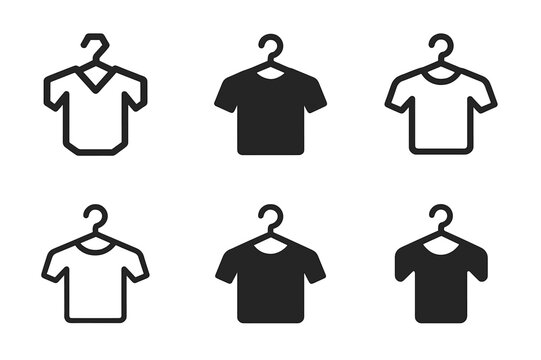 Hanging Clothes Logos. Hanging up clothes immediately after laundry. Icon set. Set Logo of hanging up clothes immediately after laundry: shirt on hanger.