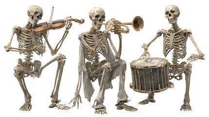 Spooky skeleton band playing music with violin, trumpet, and drum, perfect for Halloween events,...