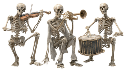 Spooky skeleton band playing music with violin, trumpet, and drum, perfect for Halloween events, creepy parties, or dark humor themes, adding a unique twist