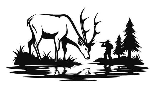 A deer drinking water while a hunter aims in a black and white scene