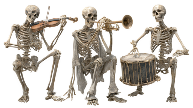 Spooky skeleton band playing music with violin, trumpet, and drum, perfect for Halloween events, creepy parties, or dark humor themes, adding a unique twist