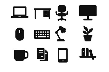 Workstation Icons Set. Workstation. Solid icon set of workstation: laptop, desk, chair, monitor, mouse, keyboard, lamp, plant, coffee mug, documents, phone,