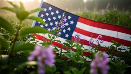 American Flag with Wildflowers in Meadow Celebrating Independence Day or Memorial Day Symbolizing Patriotism and National Pride a Beautiful Scene for Celebration