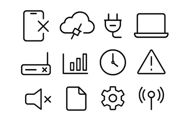 Offline Mode Icons. Offline mode. Line icon set of offline mode: phone with x, cloud off, plug disconnected, laptop, router, signal bar, clock, alert symbol,