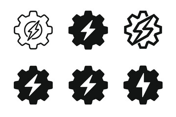 Mining Energy Logos. Efficient energy use in mining industries. Icon set. Set Logo of efficient energy use in mining industries: gear combined with lightning